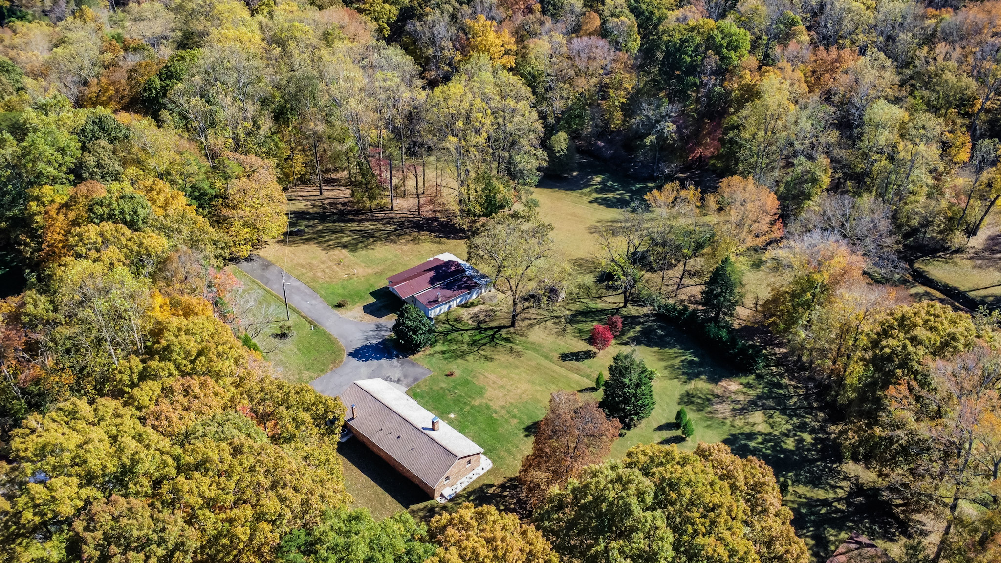 A rural property surrounded by golden autumn trees